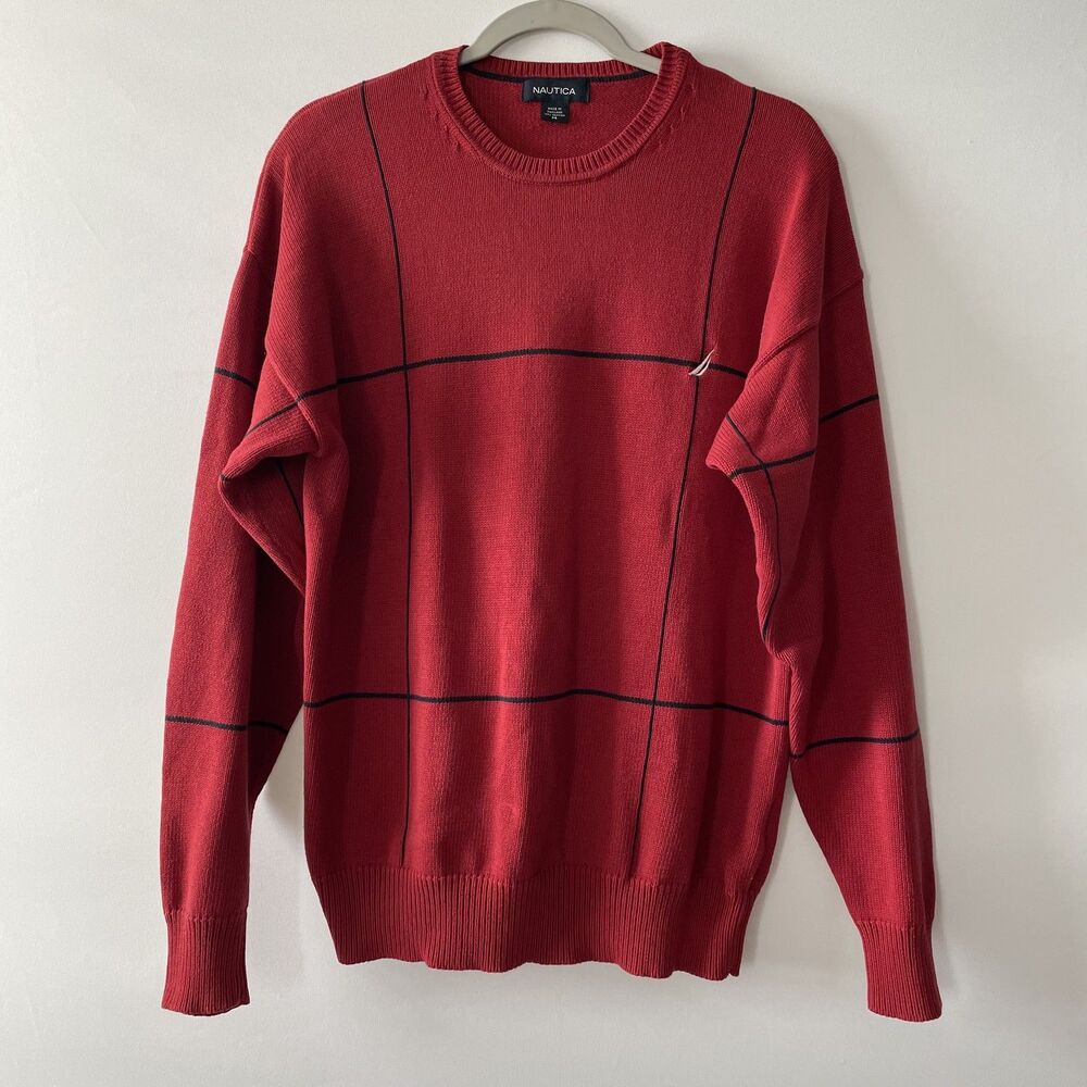 Nautica Men's Red Windowpane Crew Neck Long Sleeve Sweater Size M-dmpv